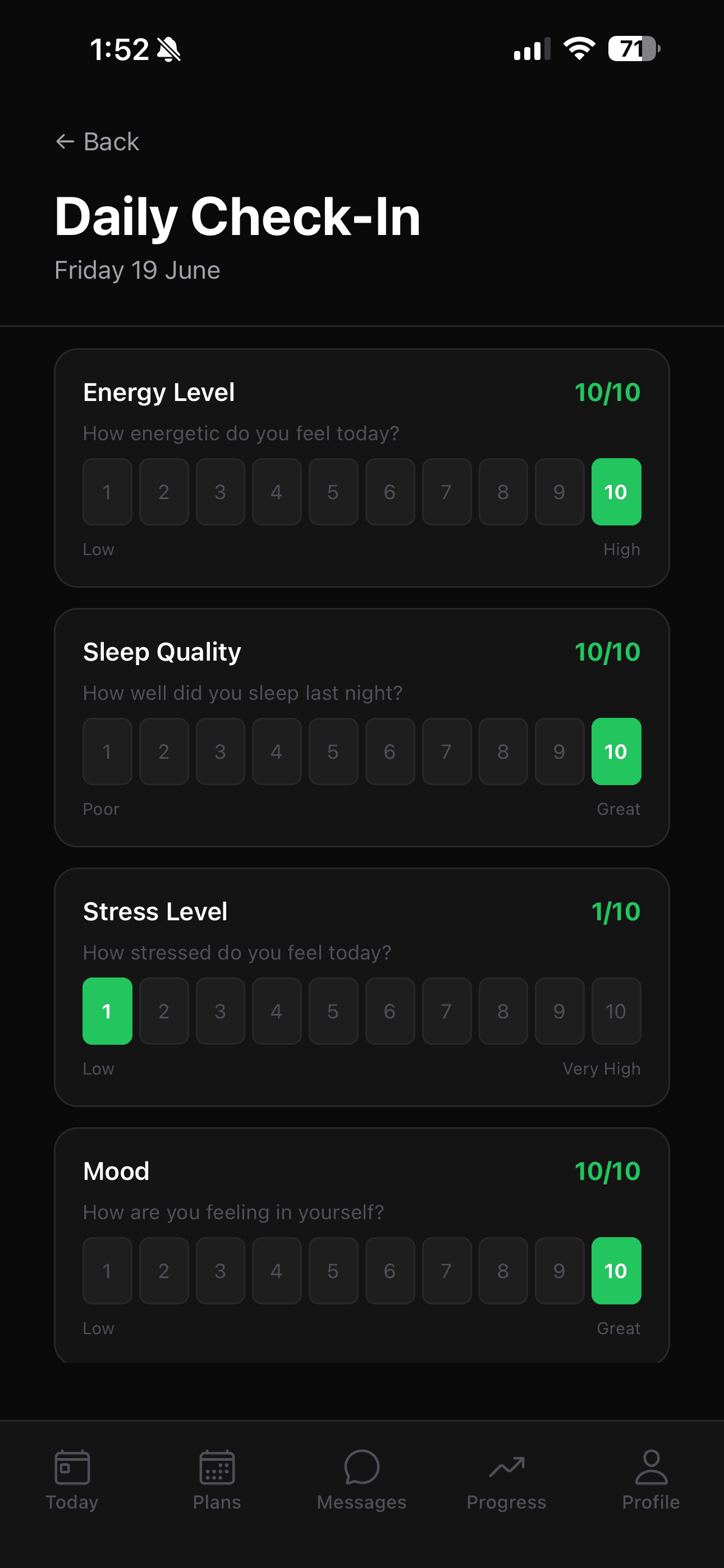The daily check-in screen, rating energy, sleep, stress and mood
